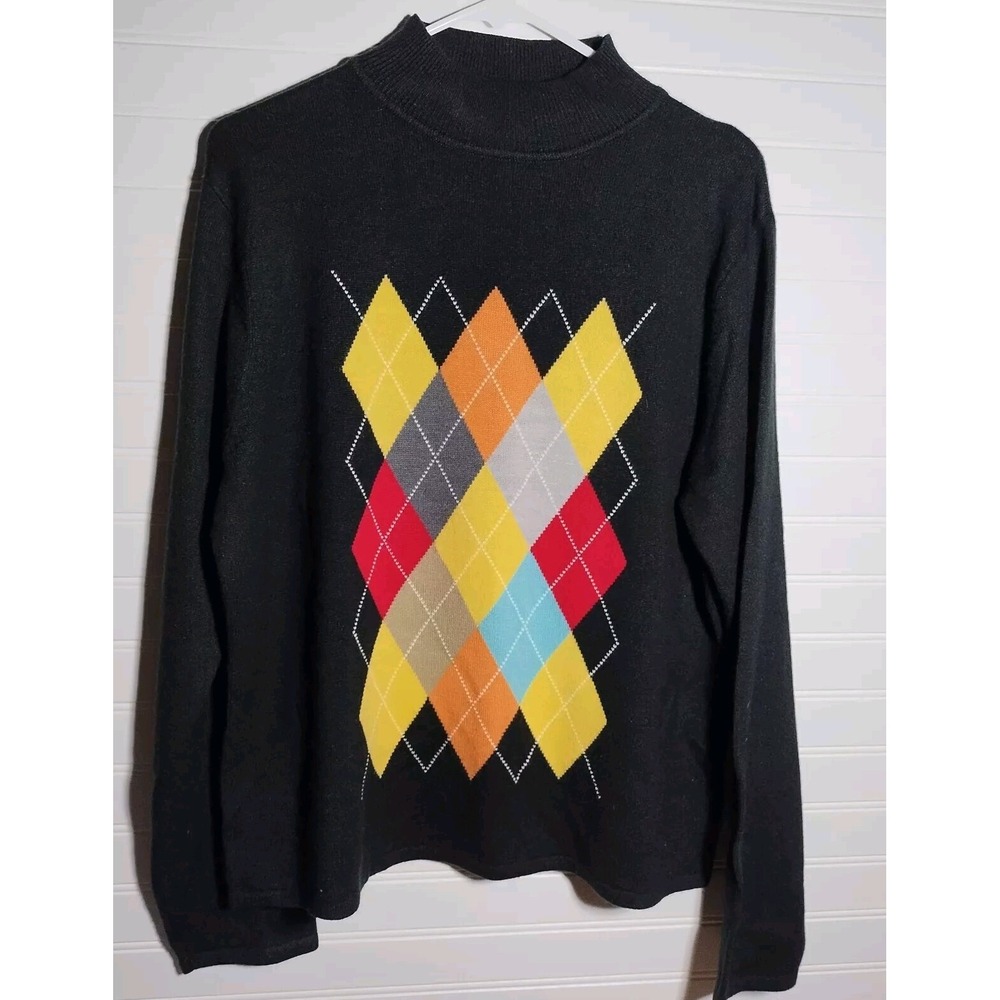 Sag Harbor Argyle Mockneck Sweater Women's Size Xlg Black Preppy Old Money